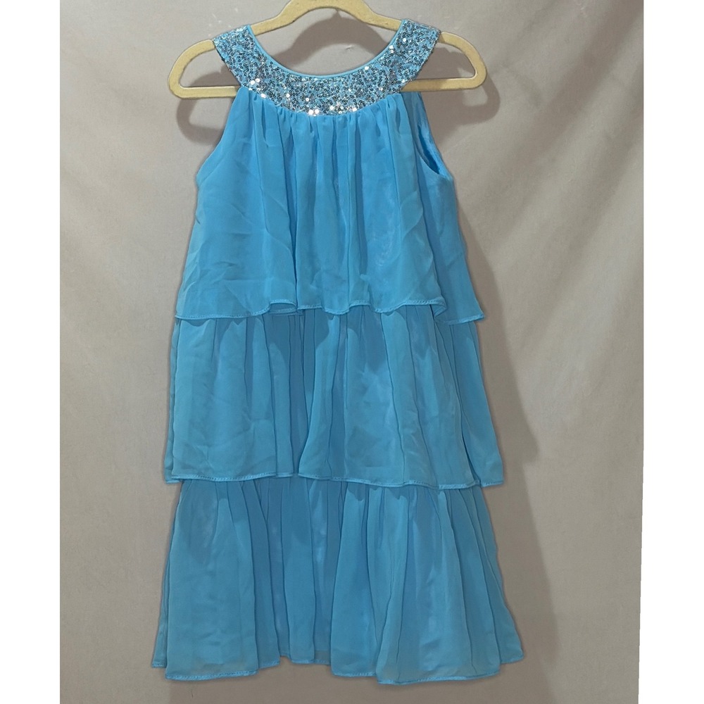Sweet Kids USA Girls Blue Tiered Chiffon Sequin Neck Party Dress Size 8 3707